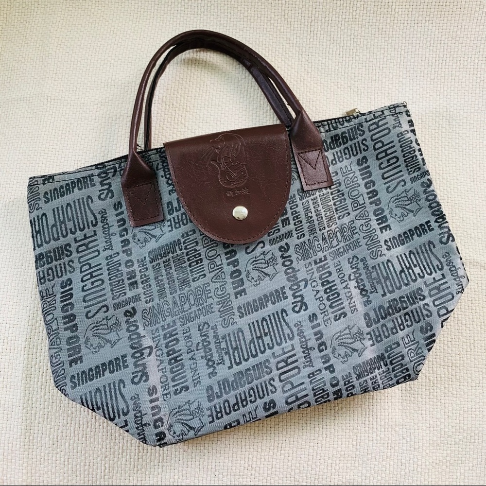 Singapore Folding Tote Handbag Grey Black Brown